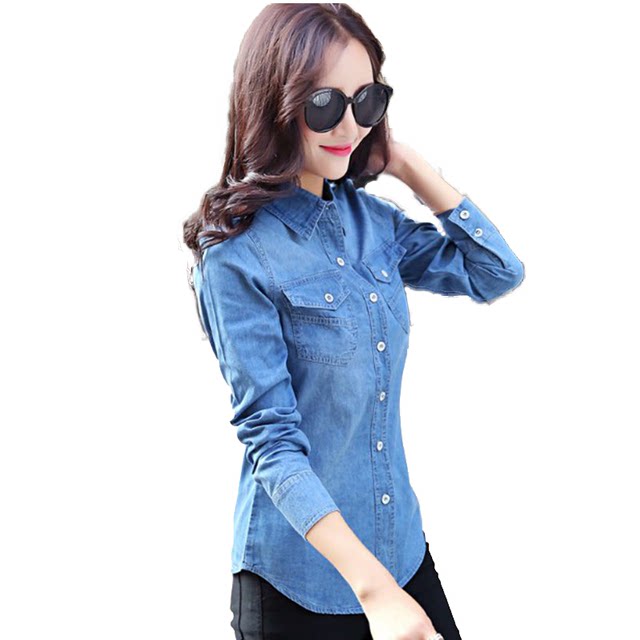 Denim shirt women's long-sleeved 2023 spring and autumn new Korean style slim tops plus size student bottoming shirt thin coat