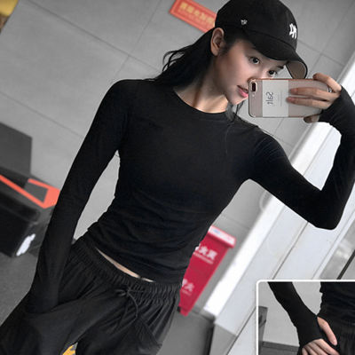 Slimming, waist-toning, fitness long-sleeved women's quick-drying, moisture-wicking, round-neck finger cots, running, yoga T-shirt, sportswear