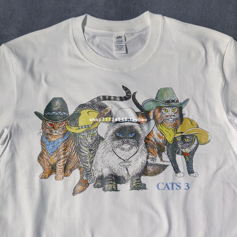 American Retro Western Cowboy Cat Men's Short-Sleeved T-Shirt Cartoon Cat Men's and Women's Short-Sleeved Summer Clothing Nostalgic Illustration T-Shirt