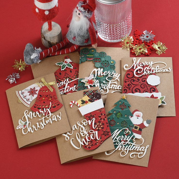 (Six)Christmas greeting card New Year Three-dimensional Kraft paper hollow business blessing message card envelope