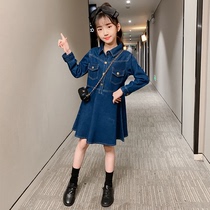 Girls denim dress spring and Autumn little girl Western princess skirt 2021 new Korean childrens college autumn dress