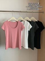 (WGWE) Summer drapey shoulder U-neck multi-color basic comfortable and easy-to-wear tee short-sleeved T-shirt