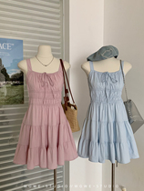 (WGWE) Tea-style outfit with ruffled splicing A-line skirt and sexy square-neck lace-up pleated suspender dress