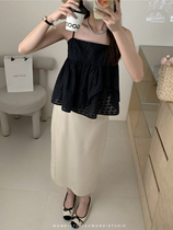 (WGWE) Resort style heavy jacquard craft niche irregular double layer ruffle camisole