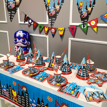 Avengers Hero Iron Man Theme Boy Birthday Party Arrangement Decorative Supplies Tableware Tablecloth Pull Flag
