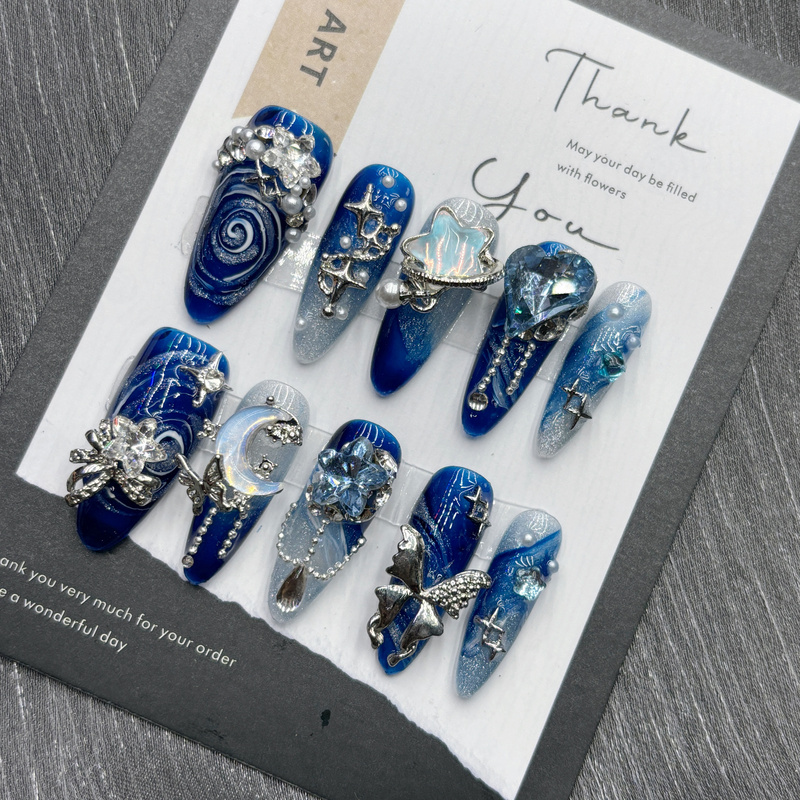 Blue Dreamy Starry Sky Handmade Nails with a High-End, Heavy-Duty, European and American Style, Light Luxury, Fashionable, Artistic, and Stunning Mid-Length Design
