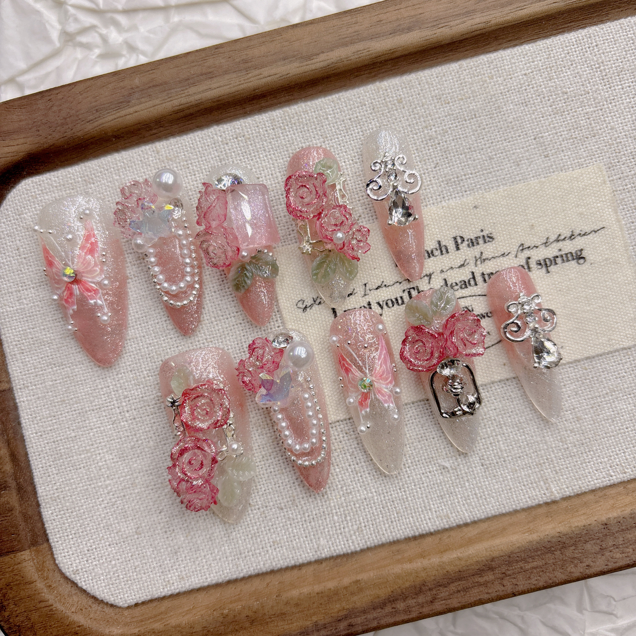 Pink butterfly handmade armor French gentle high-end niche white 2026 new medium and long models — wholesale press on nails detail view 5