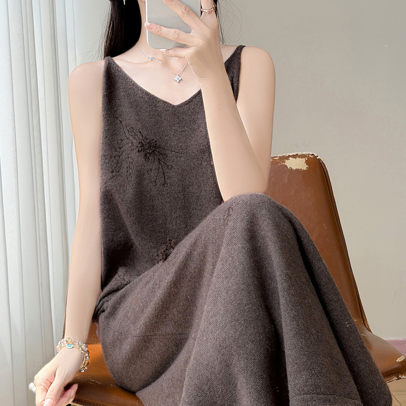 V-Neck Camisole 100% Pure Wool Knitted Dress for Women, Sleeveless Mid-Length Vest Dress, Sweater Dress 1