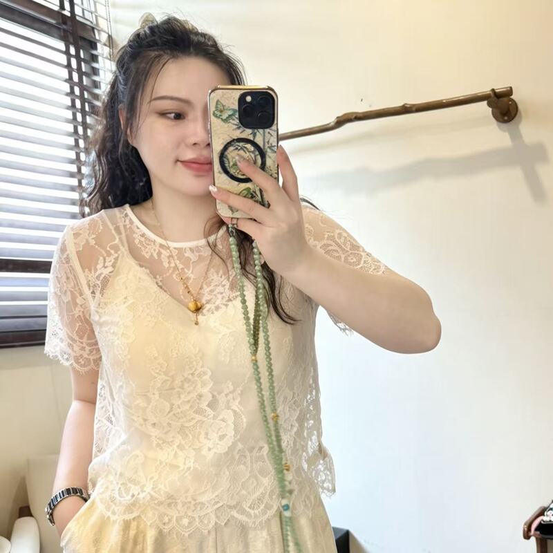 【Lace Inner Layer】Short-Sleeve Top for Women, Round Neck, Hollow Lace, Versatile Base Shirt