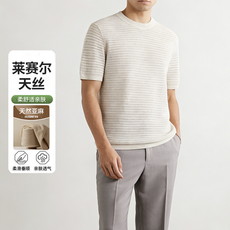 Summer Men's Lyocell Tencel Linen Blend Short-Sleeve T-Shirt with Round Neck, Hollow-Out Design, Breathable Half-Sleeve Knit Top