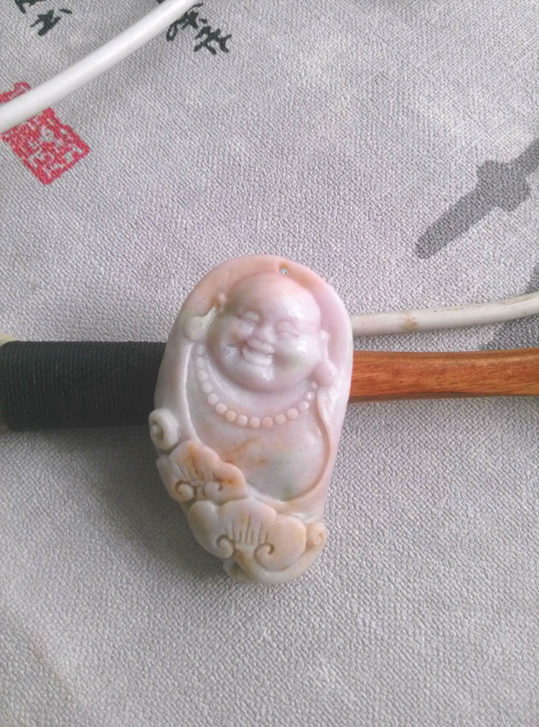 Day cuddling natural unique mountain jade light pink hibiscus red laughing Buddha male pendant jade Buddha necklace Millver girl jade pendant new product