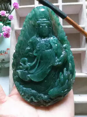 Dushan Jade old material ice through the green and spicy green atmosphere boutique high-grade Bodhisattva Guanyin pendant hand-carved collectibles