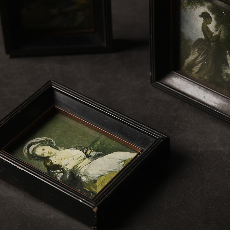 British 60s four printed small paintings vintage European old hanging paintings