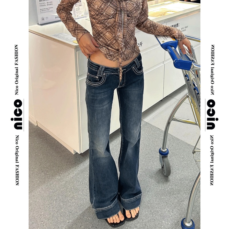 Yi Mengling's Same Style Low-Waisted Flared Jeans for Women, New Spring Model, Low-Waisted, Slimming, Loose, Non-Tight Flared Pants