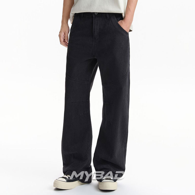 Mybad Matte Washed Black Flared Pants with Multi-Panel 3D Cut, Unisex, Everyday Versatile