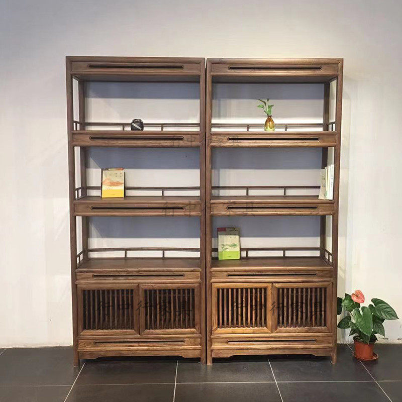 New Chinese solid wood bookshelf North American black walnut bookcase Bogu shelf old elm wood shelf solid wood display stand