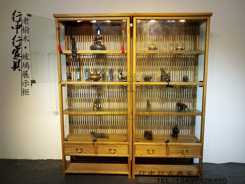 New Chinese solid wood tea rack jade ceramic jewelry cabinet with glass door exhibition cabinet paint-free old elm display cabinet