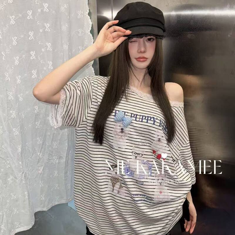 Kakamee Short-Sleeved T-Shirt for Women, Korean Style, Dog Print, Lace Splicing, Off-Shoulder Loose Top (with Bow)