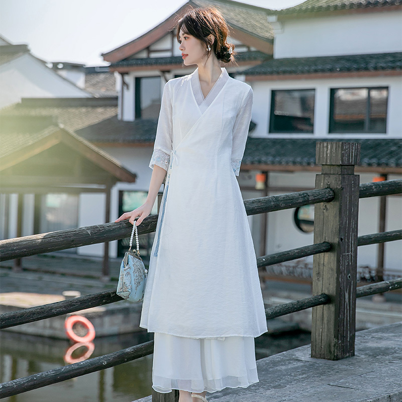 Zen-Inspired Tea Dress, Chinese-Style Modified Hanfu for Women, Spring and Summer White Fairy-Like Retro Tencel Dress with Chinese Elements
