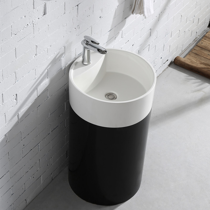 Black column basin Round one-piece artificial stone washbasin Small household basin washbasin Simple floor-to-ceiling basin