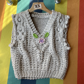 No. 80 - fully hand-woven three-dimensional fur ball flower stick knitted sweater vest for women v-neck short sleeveless waistcoat