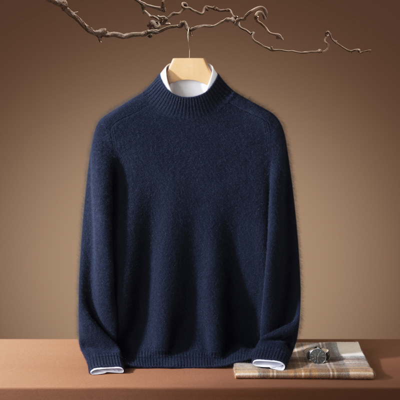 100% Cashmere Men's Half-Turtleneck Sweater, Seven-Needle Thickened Saddle Shoulder, Autumn and Winter Business Knit Base Shirt