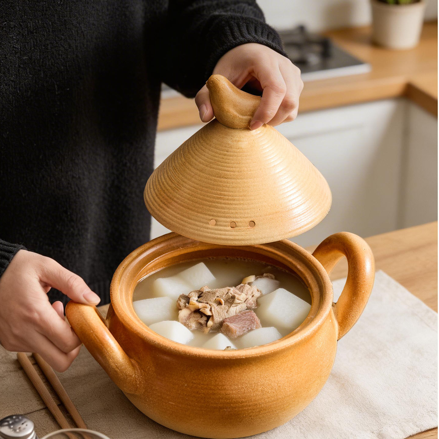 土鍋、スープ鍋、徳化陶器製双耳スープ鍋、耐熱性、耐乾性、シチュー鍋、タジン鍋、キャセロール