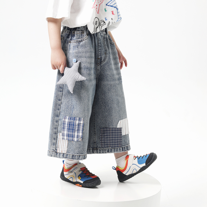 Joybaboo Boys and Girls Korean Style Plaid Patchwork Jeans Summer Children's Versatile Cropped Wide-Leg Pants