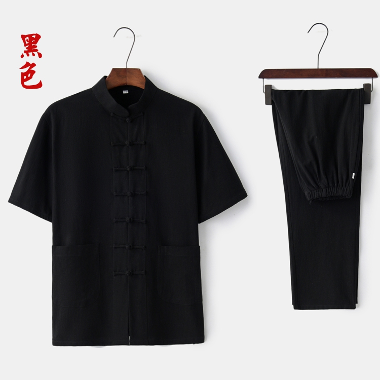 Trung Quốc Gió Tang ăn mặc của nam giới mùa hè ngắn tay D-Shirt Set Trung niên Zen ăn mặc Trà Vintage Housesuit Han-Men của