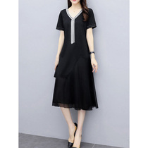 Large size womens foreign style age reduction fake two-piece splicing dress medium-length 200 pounds fat mmv collar thin skirt