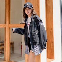  MAJE KARA spring and autumn 2021 new womens loose stitching fake two-piece denim jacket fried street jacket female