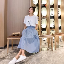  MAJE KARA 2021 summer new high waist a-line skirt womens mid-length over-the-knee skirt short-sleeved two-piece suit