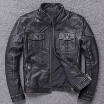 Spring and autumn first layer cowhide stand collar locomotive clothing leather jacket mens short slim leather jacket youth jacket