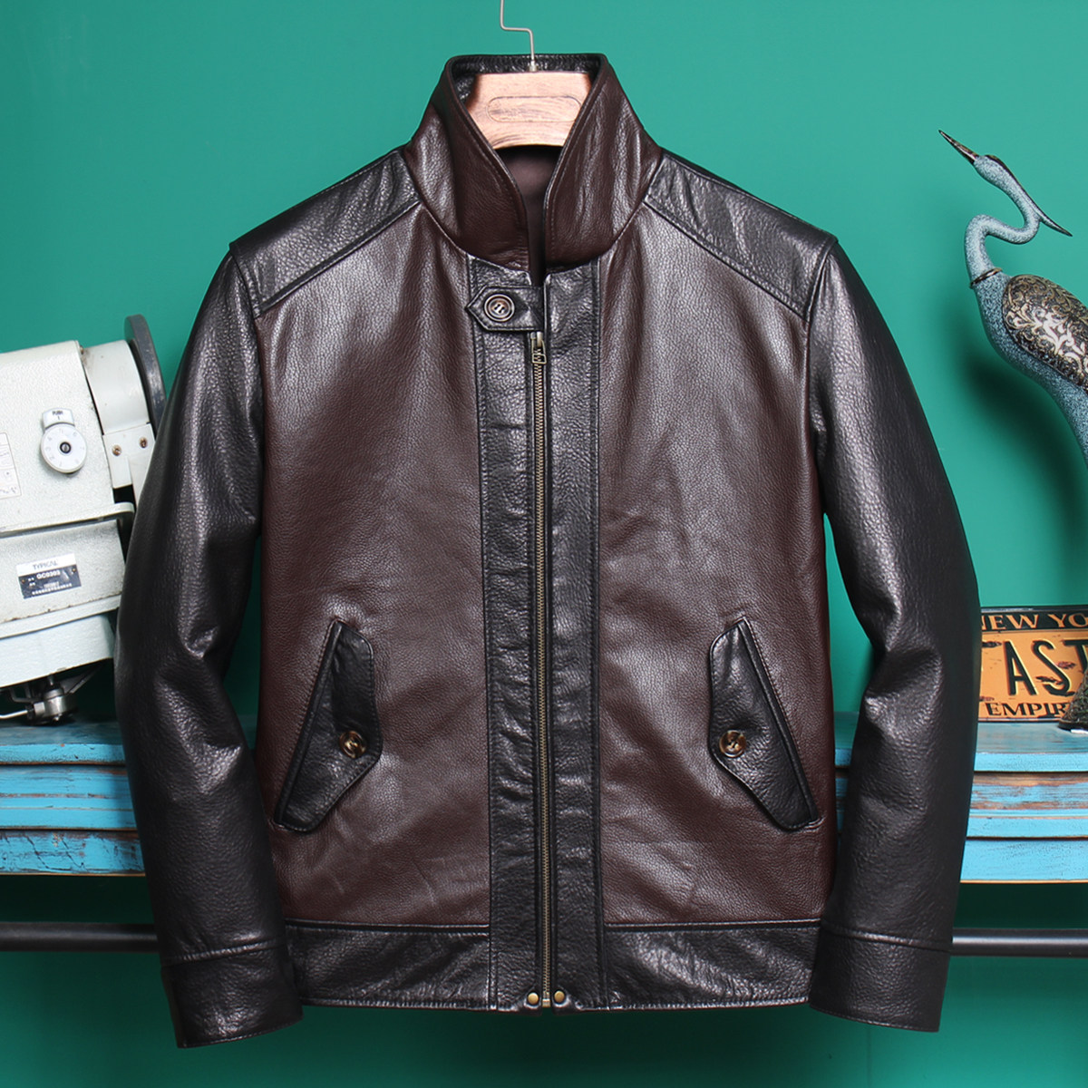 Emotional Sale 2022 New dermal skin male sheep skin short - liver leather jacket coloured splicing design