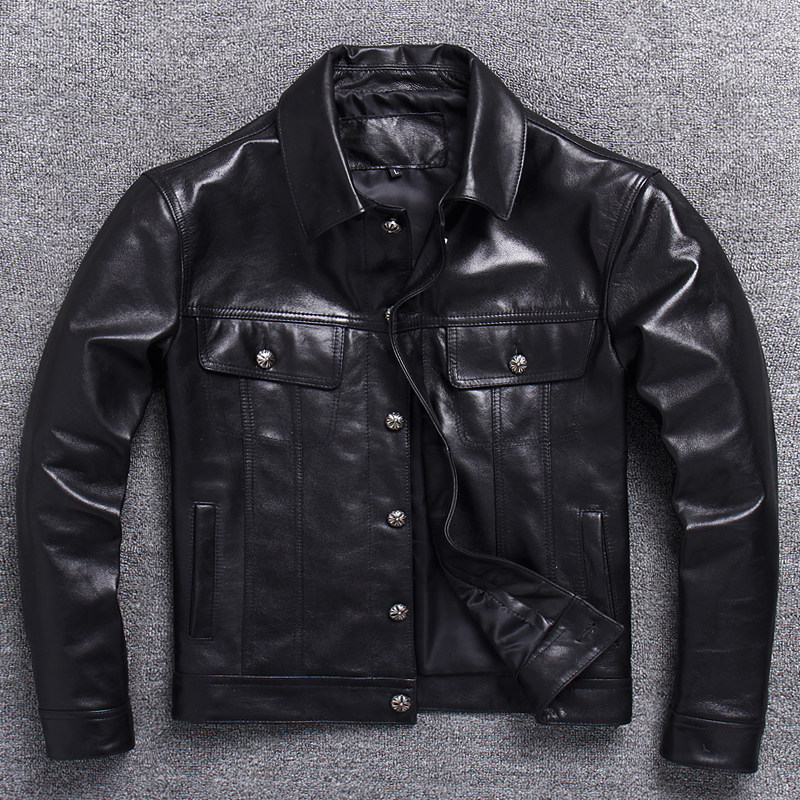 Washing process vegetable goat skin fur coat men short tap handsome jeans leather jacket trend coat