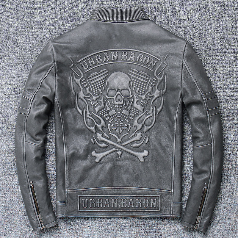 Real fur coat head thick cow skeleton retro Harley skeleton locomotive cycling suit to collage body tide men autumn leather jacket