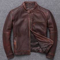 Pakistan first layer cowhide leather leather jacket Mens stand-up collar leather jacket Vintage made old Aramco Kachi red brown