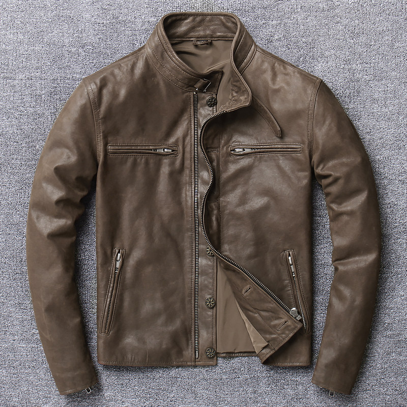 Ami khaki retro camel sheep leather jacket men's leather stand collar leather jacket spring and autumn single cycling clothing casual