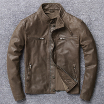 Amei Kazi retro camel sheep leather mens leather stand collar leather jacket spring and autumn single cycling casual casual