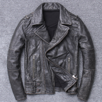 New mens top layer thick cowhide leather leather lapel riding clothes washed retro slim youth Korean leather jacket