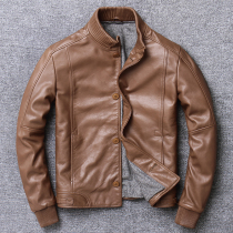 Casual collar tire cowhide head layer cowhide jacket mens leather spring and autumn simple leather jacket riding clothes Europe and America simple