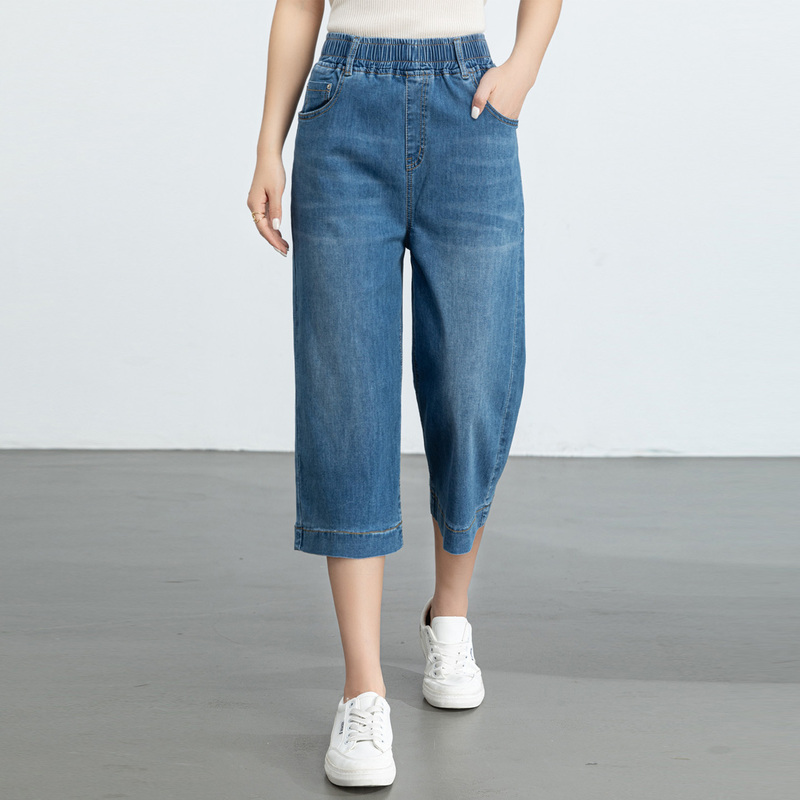 Thin High-Waisted Cropped Wide-Leg Jeans for Women, New Summer Style, Stretchy, Loose, Straight-Leg, Elastic Waist, Plus-Size Mom Pants