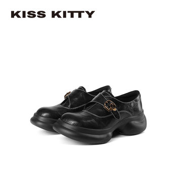 Kisskitty loaf small leather shoes for women 2026 spring new thick-soled round-toe belt buckle college style deep mouth single shoes