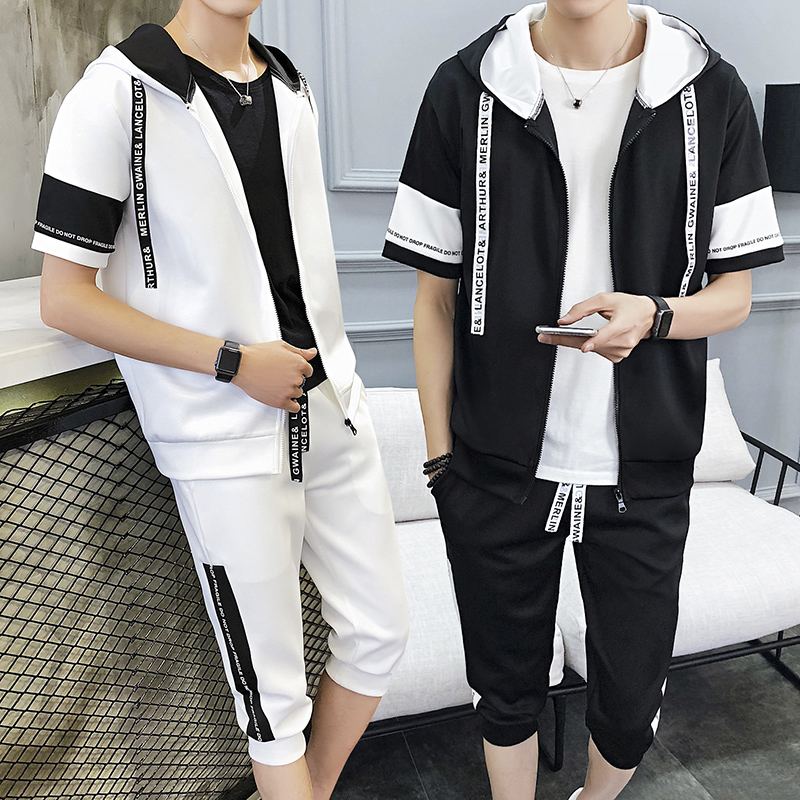 男士卫衣套装短袖运动服连帽外套两件套夏季衣服潮牌韩版修身学生