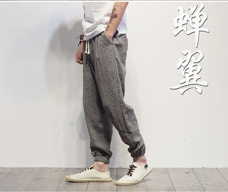 Linen quần âu phong cách Trung Quốc thể thao lỏng lẻo quần chùm chân quần cotton kích thước lớn nam chín điểm harem quần đèn lồng quần