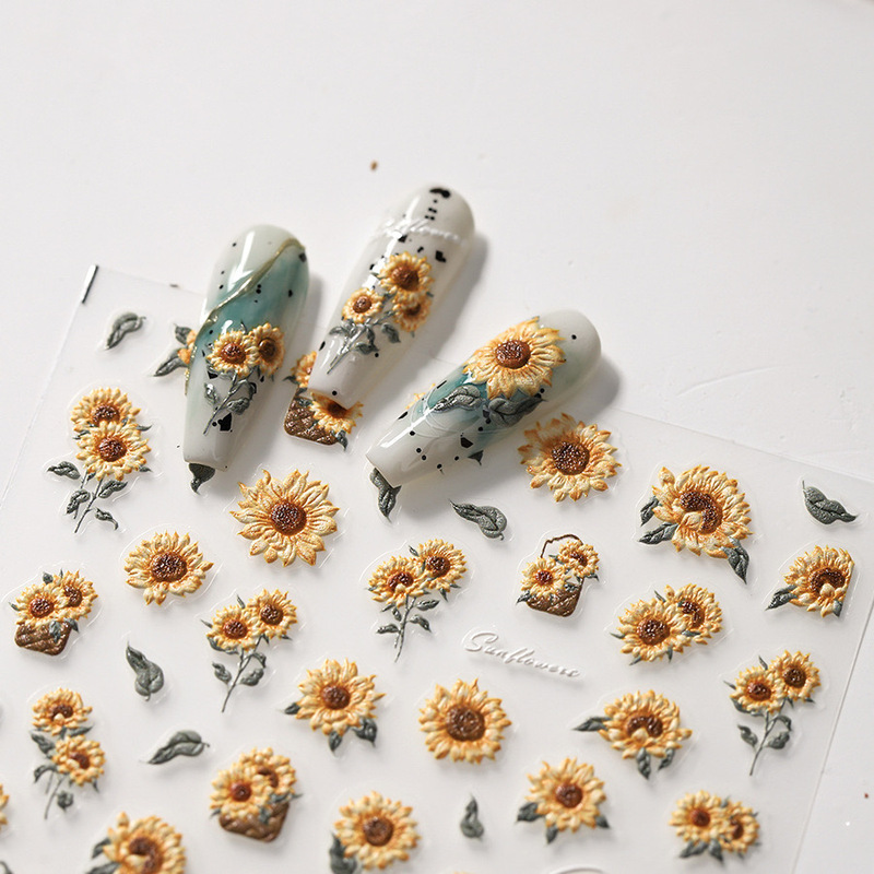 Elegant Oil Painting Style Van Gogh Sunflower 3D Relief Nail Stickers Flower Nail Phone Laptop Decoration Stickers
