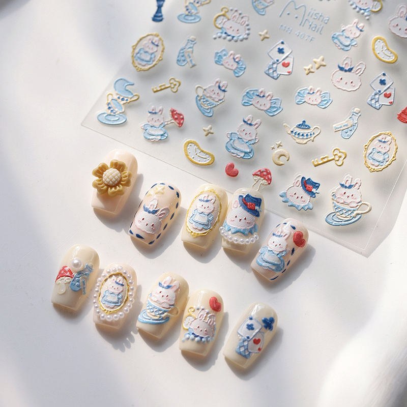 Rabbit Version of Alice in Wonderland Teapot Poker Embossed Nail Art Stickers Cartoon Nail Phone Decoration Stickers