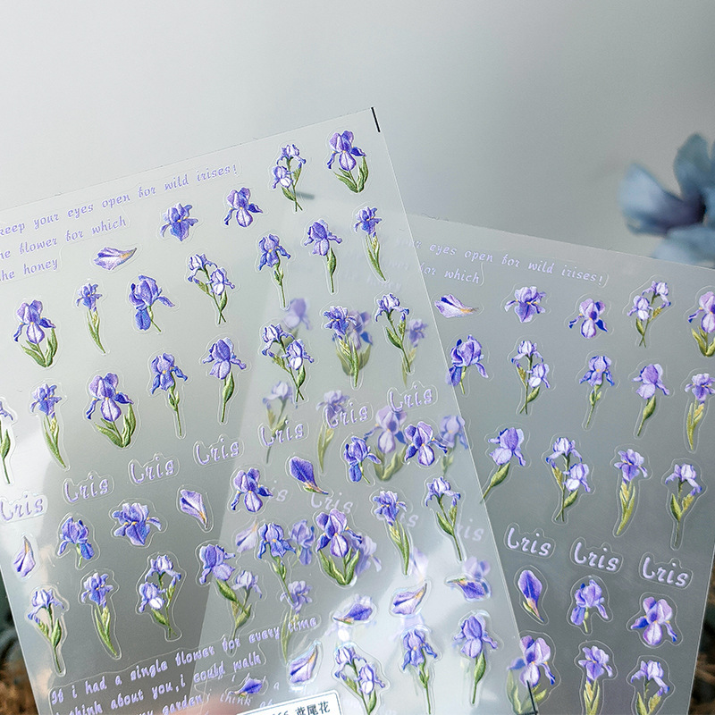 Purple Elegant Iris Flower English Letter Nail Art Stickers Floral Nail Phone Decoration Sticker Material
