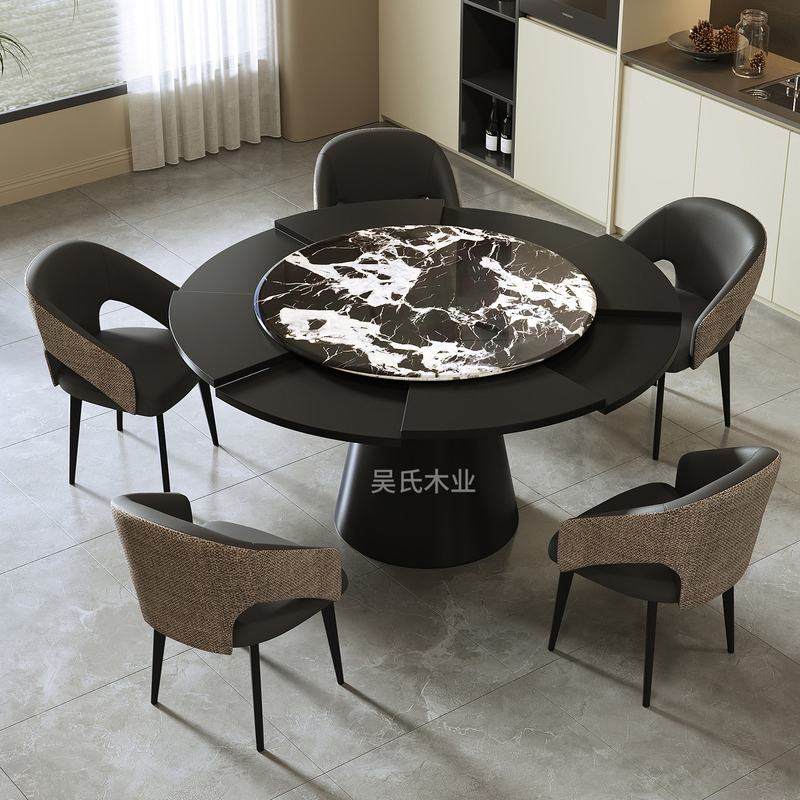 Rotating Telescopic Dining Table That Expands into a Large Round Table with a Turntable, Bvlgari French Vintage Style Adjustable Diameter Dining Table, Solid Wood Round Dining Table