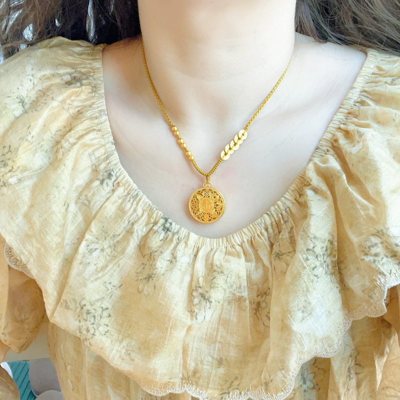 Original New Design, Exquisite and Simple, Purely Hand-Woven Four-Strand Thin Five-Emperor Copper Coin Pendant Necklace with Adjustable Cord